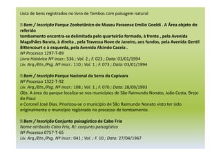 Lista de bens registrados no livro de Tombos com paisagem natural
 Bem / Inscrição Parque Zoobotânico do Museu Paraense Emílio Goeldi . A Área objeto do
referido
tombamento encontra-se delimitada pelo quarteirão formado, à frente , pela Avenida
Magalhães Barata, à direita , pela Travessa Nove de Janeiro, aos fundos, pela Avenida Gentil
Bittencourt e à esquerda, pela Avenida Alcindo Caceia .
Nº Processo 1297-T-89
Livro Histórico Nº inscr.: 536 ; Vol. 2 ; F. 023 ; Data: 03/01/1994
Liv. Arq./Etn./Psg. Nº inscr.: 110 ; Vol. 1 ; F. 073 ; Data: 03/01/1994
 Bem / Inscrição Parque Nacional da Serra da Capivara
Nº Processo 1322-T-92
Liv. Arq./Etn./Psg. Nº inscr.: 108 ; Vol. 1 ; F. 070 ; Data: 28/09/1993
Obs. A área do parque localiza-se nos municípios de São Raimundo Nonato, João Costa, Brejo
do Piauí
e Coronel José Dias. Priorizou-se o município de São Raimundo Nonato visto ter sido
originalmente o município registrado no processo de tombamento.
 Bem / Inscrição Conjunto paisagístico de Cabo Frio
Nome atribuído Cabo Frio, RJ: conjunto paisagístico
Nº Processo 0757-T-65
Liv. Arq./Etn./Psg. Nº inscr.: 041 ; Vol. ; F. 10 ; Data: 27/04/1967
 