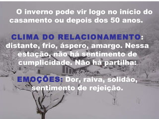 O inverno pode vir logo no início do casamento ou depois dos 50 anos.  CLIMA DO RELACIONAMENTO : distante, frio, áspero, amargo. Nessa estação, não há sentimento de cumplicidade. Não há partilha: EMOÇÕES :  Dor, raiva, solidão, sentimento de rejeição. 