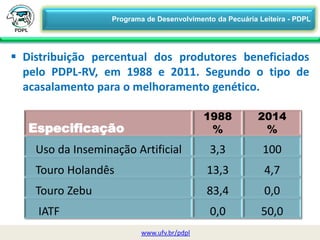 Especificação
1988
%
2014
%
Uso da Inseminação Artificial 3,3 100
Touro Holandês 13,3 4,7
Touro Zebu 83,4 0,0
IATF 0,0 50,0
 Distribuição percentual dos produtores beneficiados
pelo PDPL-RV, em 1988 e 2011. Segundo o tipo de
acasalamento para o melhoramento genético.
www.ufv.br/pdpl
Programa de Desenvolvimento da Pecuária Leiteira - PDPL
 