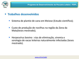 29/06/2015 08:38 UFV 4
www.ufv.br/pdpl
 Trabalhos desenvolvidos
 Sistema de plantio de cana em Meiose (Estudo científico);
 Custo de produção de novilhas na região da Zona da
Mata(teses mestrado);
 Herpesvírus bovino : vias de eliminação, viremia e
sorologia de vacas leiteiras naturalmente infectadas (teses
mestrado).
Programa de Desenvolvimento da Pecuária Leiteira - PDPL
 