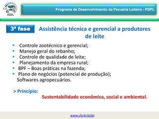 3ª fase
 Controle zootécnico e gerencial;
 Manejo geral do rebanho;
 Controle de qualidade de leite;
 Planejamento da empresa rural;
 BPF – Boas práticas na fazenda;
 Plano de negócios (potencial de produção);
Softwares agropecuários.
> Princípio:
Sustentabilidade econômica, social e ambiental.
Assistência técnica e gerencial a produtores
de leite
www.ufv.br/pdpl
Programa de Desenvolvimento da Pecuária Leiteira - PDPL
 