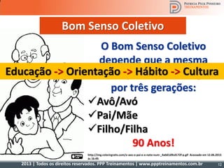 2013 | Todos os direitos reservados. PPP Treinamentos | www.ppptreinamentos.com.br 12
http://img.colorirgratis.com/o-avo-o-pai-e-o-neto-num-_4a0d1d9cd172f-p.gif Acessado em 12.06.2013
às 16:49.
Bom Senso Coletivo
O Bom Senso Coletivo
depende que a mesma
orientação seja dada igual
por três gerações:
Avô/Avó
Pai/Mãe
Filho/Filha
90 Anos!
Educação -> Orientação -> Hábito -> Cultura
 