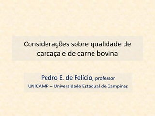 Considerações sobre qualidade de
carcaça e de carne bovina
Pedro E. de Felício, professor
UNICAMP – Universidade Estadual de Campinas
 