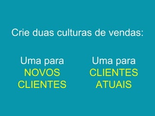 Crie duas culturas de vendas:
Uma para
NOVOS
CLIENTES
Uma para
CLIENTES
ATUAIS
 
