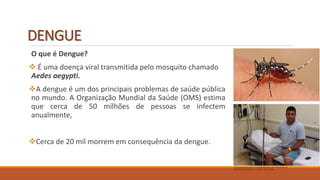 DENGUE
O que é Dengue?
 É uma doença viral transmitida pelo mosquito chamado
Aedes aegypti.
A dengue é um dos principais problemas de saúde pública
no mundo. A Organização Mundial da Saúde (OMS) estima
que cerca de 50 milhões de pessoas se infectem
anualmente,
Cerca de 20 mil morrem em consequência da dengue.
HTTP://WWW.RECORD.XL.PT/INTERNACIONAL/DETALHE/RONALDO-
HOSPITALIZADO-DEVIDO-A-DENGUE-734313.HTML
 