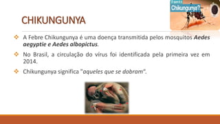 CHIKUNGUNYA
 A Febre Chikungunya é uma doença transmitida pelos mosquitos Aedes
aegyptie e Aedes albopictus.
 No Brasil, a circulação do vírus foi identificada pela primeira vez em
2014.
 Chikungunya significa "aqueles que se dobram“.
 