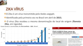 ZIKA VÍRUS
O Zika é um vírus transmitido pelo Aedes aegypti.
Identificado pela primeira vez no Brasil em abril de 2015.
 O vírus Zika recebeu a mesma denominação do local de origem (floresta
Zika, em Uganda).
 