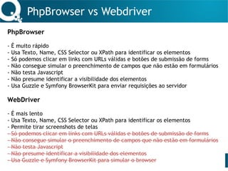 PhpBrowser vs Webdriver
PhpBrowser
- É muito rápido
- Usa Texto, Name, CSS Selector ou XPath para identificar os elementos
- Só podemos clicar em links com URLs válidas e botões de submissão de forms
- Não consegue simular o preenchimento de campos que não estão em formulários
- Não testa Javascript
- Não presume identificar a visibilidade dos elementos
- Usa Guzzle e Symfony BrowserKit para enviar requisições ao servidor
WebDriver
- É mais lento
- Usa Texto, Name, CSS Selector ou XPath para identificar os elementos
- Permite tirar screenshots de telas
- Só podemos clicar em links com URLs válidas e botões de submissão de forms
- Não consegue simular o preenchimento de campos que não estão em formulários
- Não testa Javascript
- Não presume identificar a visibilidade dos elementos
- Usa Guzzle e Symfony BrowserKit para simular o browser
 