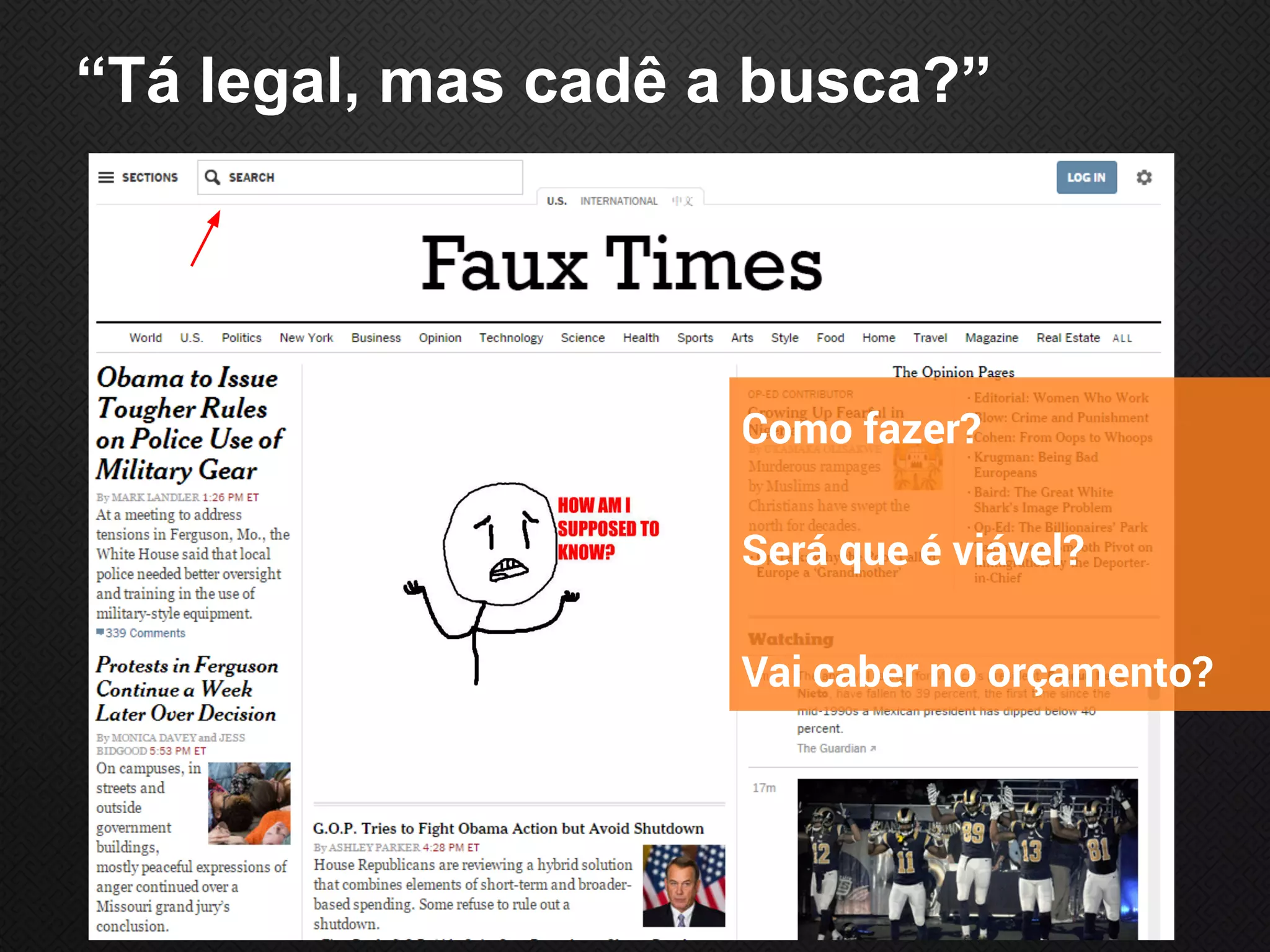 “Tá legal, mas cadê a busca?”
Como fazer?
Será que é viável?
Vai caber no orçamento?
 