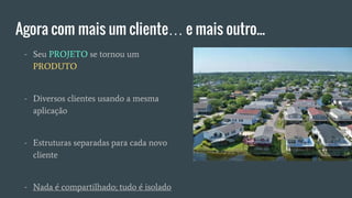 Agora com mais um cliente… e mais outro...
- Seu PROJETO se tornou um
PRODUTO
- Diversos clientes usando a mesma
aplicação
- Estruturas separadas para cada novo
cliente
- Nada é compartilhado; tudo é isolado
 