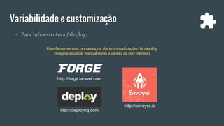 Variabilidade e customização
- Para infraestrutura / deploy:
http://forge.laravel.com
http://deployhq.com
http://envoyer.io
Use ferramentas ou serviços de automatização de deploy
(imagine atualizar manualmente a versão de 600 clientes)
 