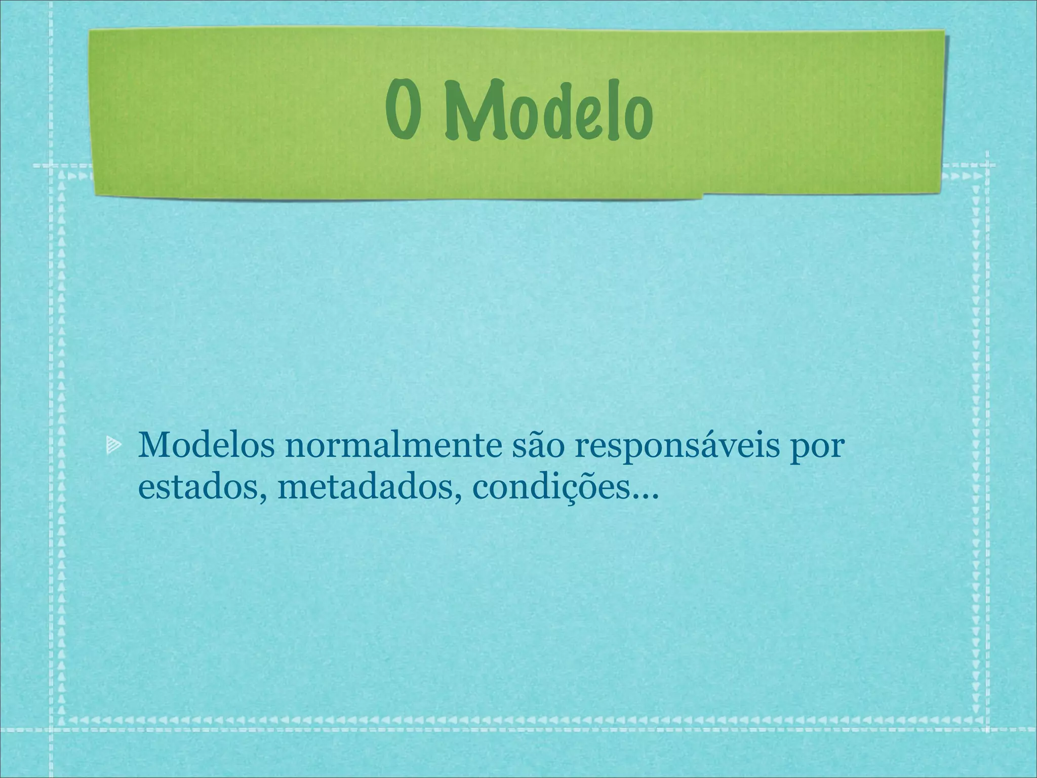 O Modelo



Modelos normalmente são responsáveis por
estados, metadados, condições...
 