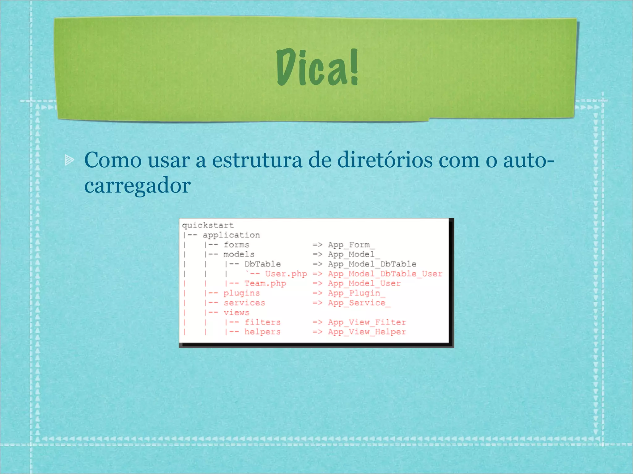Dica!
Como usar a estrutura de diretórios com o auto-
carregador
 