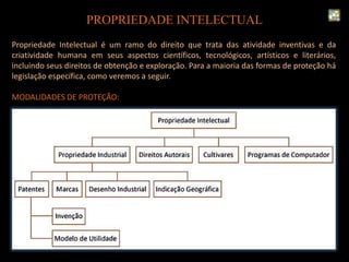 Propriedade Intelectual é um ramo do direito que trata das atividade inventivas e da
criatividade humana em seus aspectos científicos, tecnológicos, artísticos e literários,
incluindo seus direitos de obtenção e exploração. Para a maioria das formas de proteção há
legislação específica, como veremos a seguir.
MODALIDADES DE PROTEÇÃO:
PROPRIEDADE INTELECTUAL
 