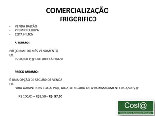 COMERCIALIZAÇÃO
                                 FRIGORIFICO
-   VENDA BALCÃO
-   PREMIO EUROPA
-   COTA HILTON

    A TERMO:

PREÇO BMF DO MÊS VENCIMENTO
EX.
    R$100,00 P/@ OUTUBRO À PRAZO


    PREÇO MINIMO:

É UMA OPÇÃO DE SEGURO DE VENDA
EX.
    PARA GARANTIR R$ 100,00 P/@, PAGA-SE SEGURO DE APROXIMADAMENTE R$ 2,50 P/@

      R$ 100,00 – R$2,50 = R$ 97,50
 