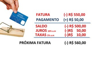 FATURA (-) R$ 550,00
PAGAMENTO (+) R$ 50,00
SALDO (-) R$ 500,00
JUROS 10% a.m (-)R$ 50,00
TAXAS 2% a.m (-)R$ 10,00
PRÓXIMA FATURA (-) R$ 560,00
 