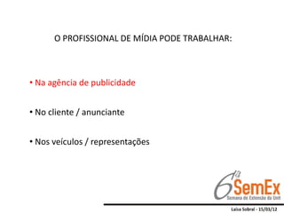 O PROFISSIONAL DE MÍDIA PODE TRABALHAR:



• Na agência de publicidade


• No cliente / anunciante


• Nos veículos / representações
 