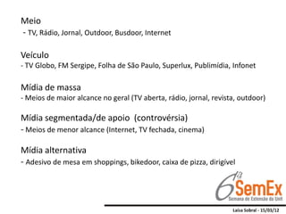 Meio
- TV, Rádio, Jornal, Outdoor, Busdoor, Internet

Veículo
- TV Globo, FM Sergipe, Folha de São Paulo, Superlux, Publimídia, Infonet

Mídia de massa
- Meios de maior alcance no geral (TV aberta, rádio, jornal, revista, outdoor)

Mídia segmentada/de apoio (controvérsia)
- Meios de menor alcance (Internet, TV fechada, cinema)

Mídia alternativa
- Adesivo de mesa em shoppings, bikedoor, caixa de pizza, dirigível
 