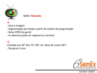 MEIO: Televisão

=)
- Som e Imagem
- Segmentação permitida a partir de análise de programação
- Baixo CPM (no geral)
- A cobertura pode ser regional ou nacional

=(
Limitado aos 30” (Ou 15”, 60”, etc. Base de custo=30”)
- No geral, é caro
 