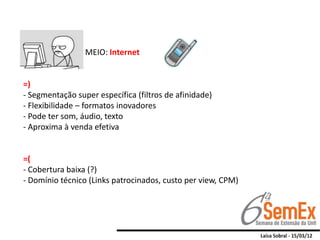 MEIO: Internet


=)
- Segmentação super específica (filtros de afinidade)
- Flexibilidade – formatos inovadores
- Pode ter som, áudio, texto
- Aproxima à venda efetiva


=(
- Cobertura baixa (?)
- Domínio técnico (Links patrocinados, custo per view, CPM)
 
