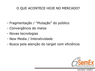 O QUE ACONTECE HOJE NO MERCADO?



- Fragmentação / “Mutação” do público
- Convergência de meios
- Novas tecnologias
- New Media / Interatividade
- Busca pela atenção do target com eficiência
 