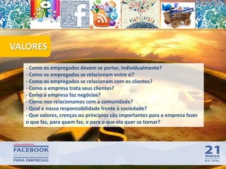 VALORES
59
- Como os empregados devem se portar, individualmente?
- Como os empregados se relacionam entre si?
- Como os empregados se relacionam com os clientes?
- Como a empresa trata seus clientes?
- Como a empresa faz negócios?
- Como nos relacionamos com a comunidade?
- Qual a nossa responsabilidade frente à sociedade?
- Que valores, crenças ou princípios são importantes para a empresa fazer
o que faz, para quem faz, e para o que ela quer se tornar?
 