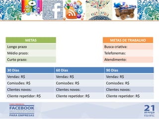 76
30 Dias 60 Dias 90 Dias
Vendas: R$ Vendas: R$ Vendas: R$
Comissões: R$ Comissões: R$ Comissões: R$
Clientes novos: Clientes novos: Clientes novos:
Cliente repetidor: R$ Cliente repetidor: R$ Cliente repetidor: R$
METAS
Longo prazo
Médio prazo:
Curto prazo:
METAS DE TRABALHO
Busca criativa:
Telefonemas:
Atendimento:
 