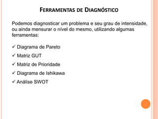 FERRAMENTAS DE DIAGNÓSTICO
Podemos diagnosticar um problema e seu grau de intensidade,
ou ainda mensurar o nível do mesmo, utilizando algumas
ferramentas:
 Diagrama de Pareto
 Matriz GUT
 Matriz de Prioridade
 Diagrama de Ishikawa
 Análise SWOT
 