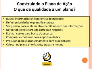 • Buscar informações e experiência de mercado;
• Definir prioridades e quantificar prazos;
• Ser preciso no levantamento e detalhamento das informações
• Definir objetivos claros de carreira e negócios;
• Estimar custos para busca do sucesso;
• Comparar e conhecer novas oportunidades;
• Procurar apoio e aconselhamento com especialistas;
• Colocar no plano prioridades, etapas e metas;
Construindo o Plano de Ação
O que dá qualidade a um plano?
 