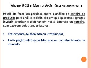 MATRIZ BCG E MATRIZ VISÃO DESENVOLVIMENTO
Possibilita fazer um paralelo, sobre a análise da carteira de
produtos para análise e definição em que queremos agregar,
investir, priorizar e eliminar em nossa empresa ou carreira,
com base em dois grandes fatores:
• Crescimento de Mercado ou Profissional ;
• Participação relativa de Mercado ou reconhecimento no
mercado.
 