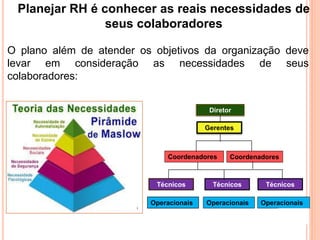 O plano além de atender os objetivos da organização deve
levar em consideração as necessidades de seus
colaboradores:
Diretor
Gerentes
OperacionaisOperacionais
Coordenadores
Operacionais
Coordenadores
Técnicos TécnicosTécnicos
Planejar RH é conhecer as reais necessidades de
seus colaboradores
 
