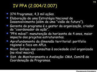 11
Planejamento Estratégico
 374 Programas, 4,3 mil ações.
 Elaboração de uma Estratégia Nacional de
Desenvolvimento (além de uma “visão de futuro”).
 Gerente do programa é o gestor da organização, criador
do “coordenador de ação”.
 “PPA móvel”: manutenção do horizonte de 4 anos, maior
impacto dos projetos estruturantes.
 Aprofundamento da dimensão territorial: portfolio
regional e foco em APLs.
 Maior ênfase nas consultas à sociedade civil organizada
(no nível macro).
 Sist. de Monitoramento e Avaliação: CMA, Comitê de
Coordenação de Programas.
IV PPA (2.004/2.007)
 
