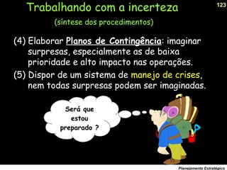 123
Planejamento Estratégico
(4) Elaborar Planos de Contingência: imaginar
surpresas, especialmente as de baixa
prioridade e alto impacto nas operações.
(5) Dispor de um sistema de manejo de crises,
nem todas surpresas podem ser imaginadas.
Trabalhando com a incerteza
(síntese dos procedimentos)
Será que
estou
preparado ?
 