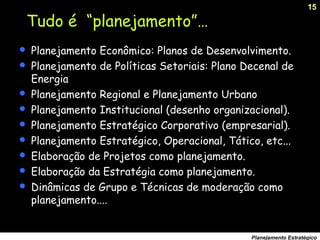 15
Planejamento Estratégico
Tudo é “planejamento”…
 Planejamento Econômico: Planos de Desenvolvimento.
 Planejamento de Políticas Setoriais: Plano Decenal de
Energia
 Planejamento Regional e Planejamento Urbano
 Planejamento Institucional (desenho organizacional).
 Planejamento Estratégico Corporativo (empresarial).
 Planejamento Estratégico, Operacional, Tático, etc...
 Elaboração de Projetos como planejamento.
 Elaboração da Estratégia como planejamento.
 Dinâmicas de Grupo e Técnicas de moderação como
planejamento....
 
