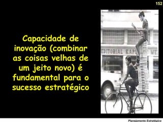 152
Planejamento Estratégico
Capacidade de
inovação (combinar
as coisas velhas de
um jeito novo) é
fundamental para o
sucesso estratégico
 
