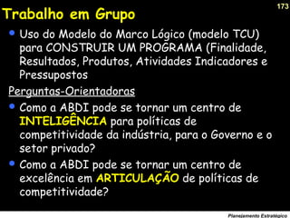 173
Planejamento Estratégico
Trabalho em Grupo
 Uso do Modelo do Marco LógicoMarco Lógico (modelo TCU)
para CONSTRUIR UM PROGRAMA (Finalidade,
Resultados, Produtos, Atividades Indicadores e
Pressupostos
Perguntas-Orientadoras
 Como a ABDI pode se tornar um centro de
INTELIGÊNCIA para políticas de
competitividade da indústria, para o Governo e o
setor privado?
 Como a ABDI pode se tornar um centro de
excelência em ARTICULAÇÃO de políticas de
competitividade?
 