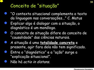 55
Planejamento Estratégico
Conceito de “situação”
 “O contexto situacional complementa o texto
da linguagem nas conversações...” C. Matus
 Explicar algo é dialogar com a situação, o
diagnóstico é um monólogo.
 O conceito de situação difere do conceito de
“causalidade” das ciências naturais.
 A situação é uma totalidade concreta e
presente, agir fora dela não tem significado.
 Entre o “diagnóstico” e a “ação” surge a
“explicação situacional”.
 Não há actio in distans.
 