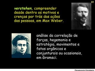 61
Planejamento Estratégico
análise da correlação de
forças, hegemonia e
estratégia, movimentos e
fatos orgânicos e
conjunturais ou ocasionais,
em Gramsci.
verstehen, compreender
desde dentro os motivos e
crenças por trás das ações
das pessoas, em Max Weber.
 