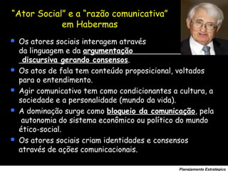 68
Planejamento Estratégico
“Ator Social” e a “razão comunicativa”
em Habermas
 Os atores sociais interagem através
da linguagem e da argumentação
discursiva gerando consensos.
 Os atos de fala tem conteúdo proposicional, voltados
para o entendimento.
 Agir comunicativo tem como condicionantes a cultura, a
sociedade e a personalidade (mundo da vida).
 A dominação surge como bloqueio da comunicação, pela
autonomia do sistema econômico ou político do mundo
ético-social.
 Os atores sociais criam identidades e consensos
através de ações comunicacionais.
 