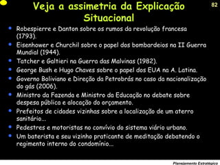 82
Planejamento Estratégico
Veja a assimetria da Explicação
Situacional
 Robespierre e Danton sobre os rumos da revolução francesa
(1793).
 Eisenhower e Churchil sobre o papel dos bombardeios na II Guerra
Mundial (1944).
 Tatcher e Galtieri na Guerra das Malvinas (1982).
 George Bush e Hugo Chaves sobre o papel dos EUA na A. Latina.
 Governo Boliviano e Direção da Petrobrás no caso da nacionalização
do gás (2006).
 Ministro da Fazenda e Ministro da Educação no debate sobre
despesa pública e alocação do orçamento.
 Prefeitos de cidades vizinhas sobre a localização de um aterro
sanitário...
 Pedestres e motoristas no convívio do sistema viário urbano.
 Um baterista e seu vizinho praticante de meditação debatendo o
regimento interno do condomínio...
 