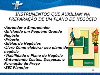 18 
INSTRUMENTOS QUE AUXILIAM NA 
PREPARAÇÃO DE UM PLANO DE NEGÓCIO 
•Aprender a Empreender 
•Iniciando um Pequeno Grande 
Negócio 
•Próprio 
•Idéias de Negócios 
•Livro Como elaborar seu plano de 
negócio 
•Viabilidade e Plano de Negócio 
•Entendendo Custos, Despesas e 
Formação de Preço 
•SEI Planejar 
 