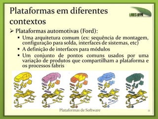 Plataformas em diferentes
contextos
 Plataformas automotivas (Ford):
 Uma arquitetura comum (ex: sequência de montagem,
configuração para solda, interfaces de sistemas, etc)
 A definição de interfaces para módulos
 Um conjunto de pontos comuns usados por uma
variação de produtos que compartilham a plataforma e
os processos fabris
11Plataformas de Software
 