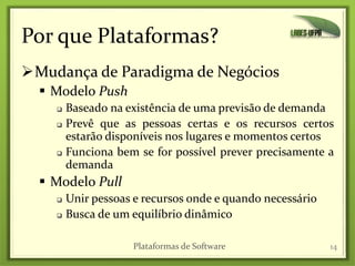 Por que Plataformas?
14
Mudança de Paradigma de Negócios
 Modelo Push
 Baseado na existência de uma previsão de demanda
 Prevê que as pessoas certas e os recursos certos
estarão disponíveis nos lugares e momentos certos
 Funciona bem se for possível prever precisamente a
demanda
 Modelo Pull
 Unir pessoas e recursos onde e quando necessário
 Busca de um equilíbrio dinâmico
Plataformas de Software
 