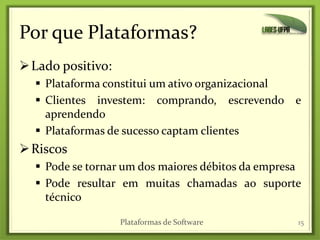 Por que Plataformas?
Lado positivo:
 Plataforma constitui um ativo organizacional
 Clientes investem: comprando, escrevendo e
aprendendo
 Plataformas de sucesso captam clientes
Riscos
 Pode se tornar um dos maiores débitos da empresa
 Pode resultar em muitas chamadas ao suporte
técnico
15Plataformas de Software
 