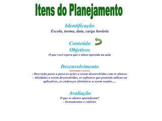 Identificação
Escola, turma, data, carga horária
Conteúdo
Objetivos
O que você espera que o aluno aprenda na aula
Desenvolvimento
(metodologia e recursos)
- Descrição passo a passo as ações a serem desenvolvidas com os alunos;
- Atividades a serem desenvolvidas, os softwares que pretende utilizar ou
aplicativos...os endereços eletrônicos a serem usados, ...
Avaliação
O que os alunos aprenderam?
- Instrumentos e critérios
 