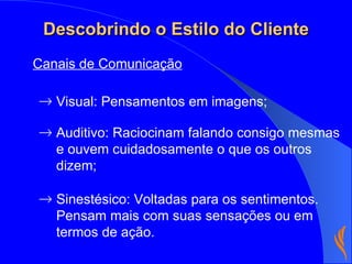 Visual: Pensamentos em imagens; Auditivo: Raciocinam falando consigo mesmas e ouvem cuidadosamente o que os outros dizem; Sinestésico: Voltadas para os sentimentos. Pensam mais com suas sensações ou em termos de ação. Canais de Comunicação Descobrindo o Estilo do Cliente 