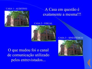 A Casa em questão é exatamente a mesma!!! O que mudou foi o canal de comunicação utilizado pelos entrevistados... CASA 1 - AUDITIVO CASA 2 - VISUAL CASA 3 – SINESTÉSICO 