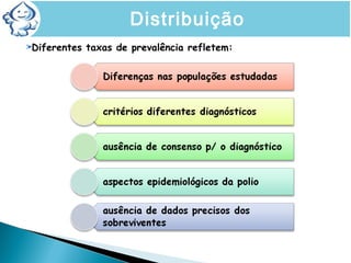 Diferentes taxas de prevalência refletem:
Distribuição
 