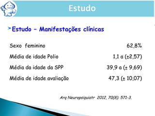 Estudo – Manifestações clínicas
ESTUDO-ASPECTOS PROGNÓSTICOS
Arq Neuropsiquiatr 2012, 70(8): 571-3.
Sexo feminino 62,8%
Média de idade Polio 1,1 a (±2,57)
Média da idade da SPP 39,9 a (± 9,69)
Média de idade avaliação 47,3 (± 10,07)
 