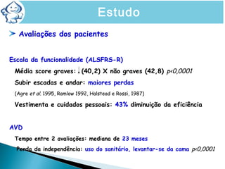 Avaliações dos pacientes
Escala da funcionalidade (ALSFRS-R)
Média score graves: (40,2) X não graves (42,8) p<0,0001
Subir escadas e andar: maiores perdas
(Agre et al. 1995, Ramlow 1992, Halstead e Rossi, 1987)
Vestimenta e cuidados pessoais: 43% diminuição da eficiência
AVD
Tempo entre 2 avaliações: mediana de 23 meses
Perda da independência: uso do sanitário, levantar-se da cama p<0,0001
Estudo
 